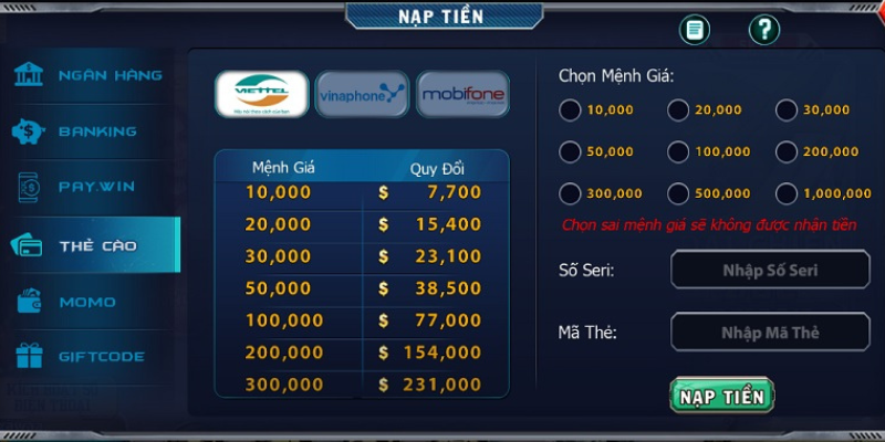 Cách nạp tiền b52 club qua thẻ cào điện thoại
